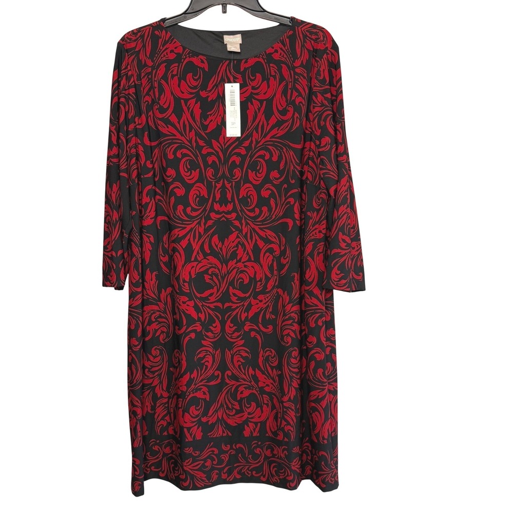 Chico's Regal Scrolls Dress Women 16/18 Petite Red Damask Baroque MSRP $109‎